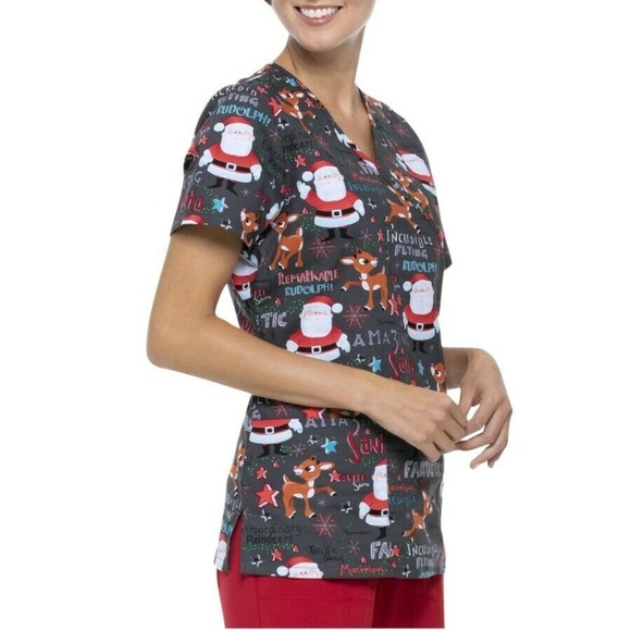Rudolph The Red Nosed Reindeer Christmas Scrub Top Size XL Gray Red Medical - Picture 3 of 4